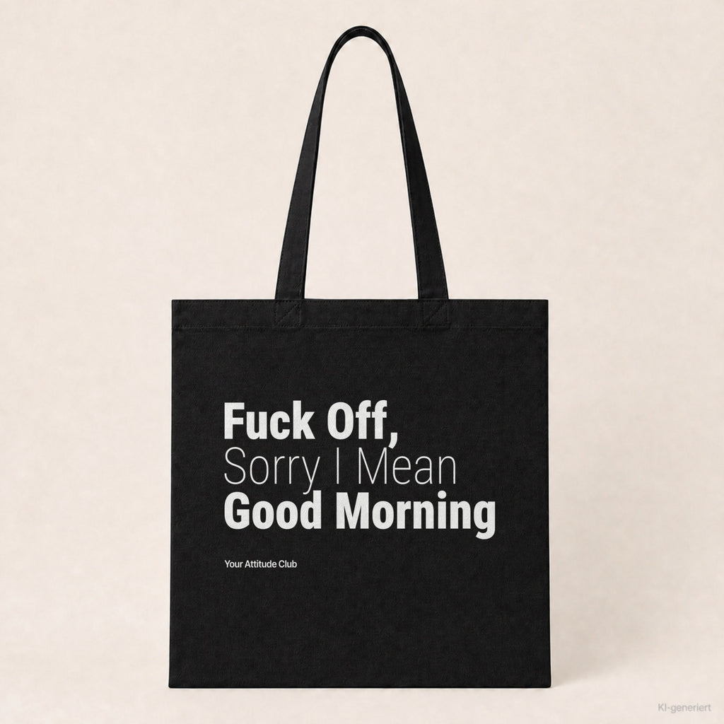Fuck Off, Sorry I Mean Good Morning – Stoffbeutel mit Spruch schwarz mit weißem Aufdruck, Produktansicht