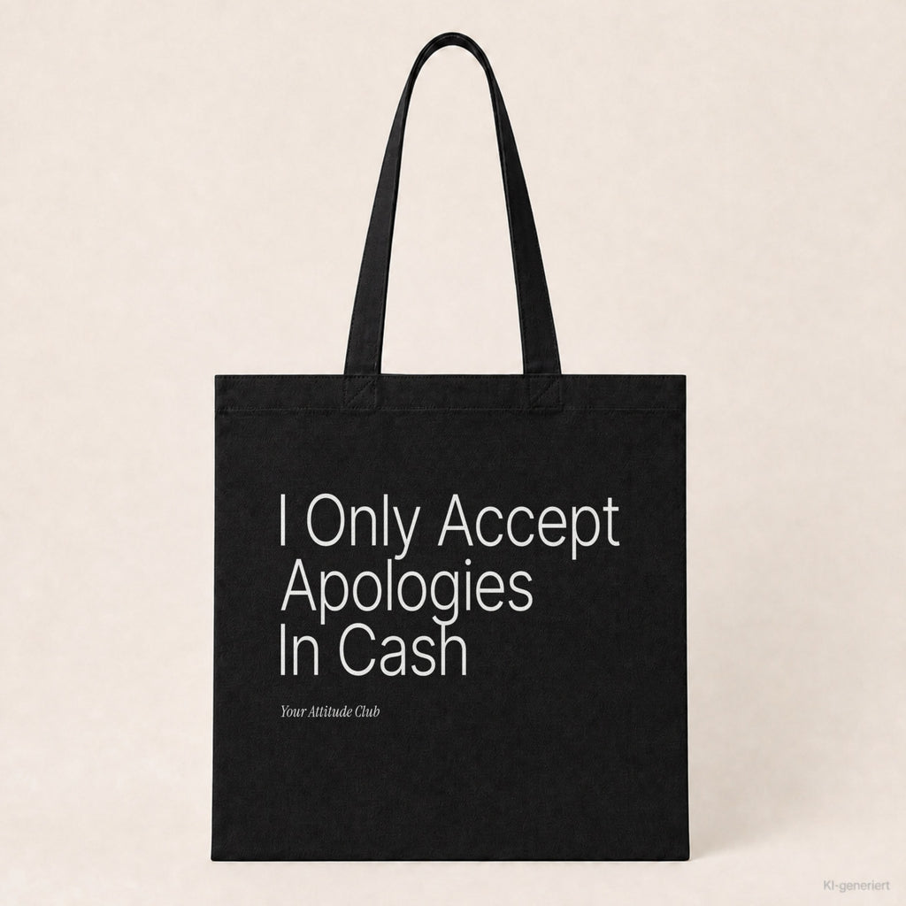 I Only Accept Apologies In Cash – Stoffbeutel mit Spruch schwarz mit weißem Aufdruck, Produktansicht