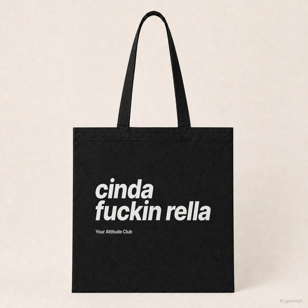 Cinda Fuckin Rella – Stoffbeutel mit Spruch schwarz mit weißem Aufdruck, Produktansicht