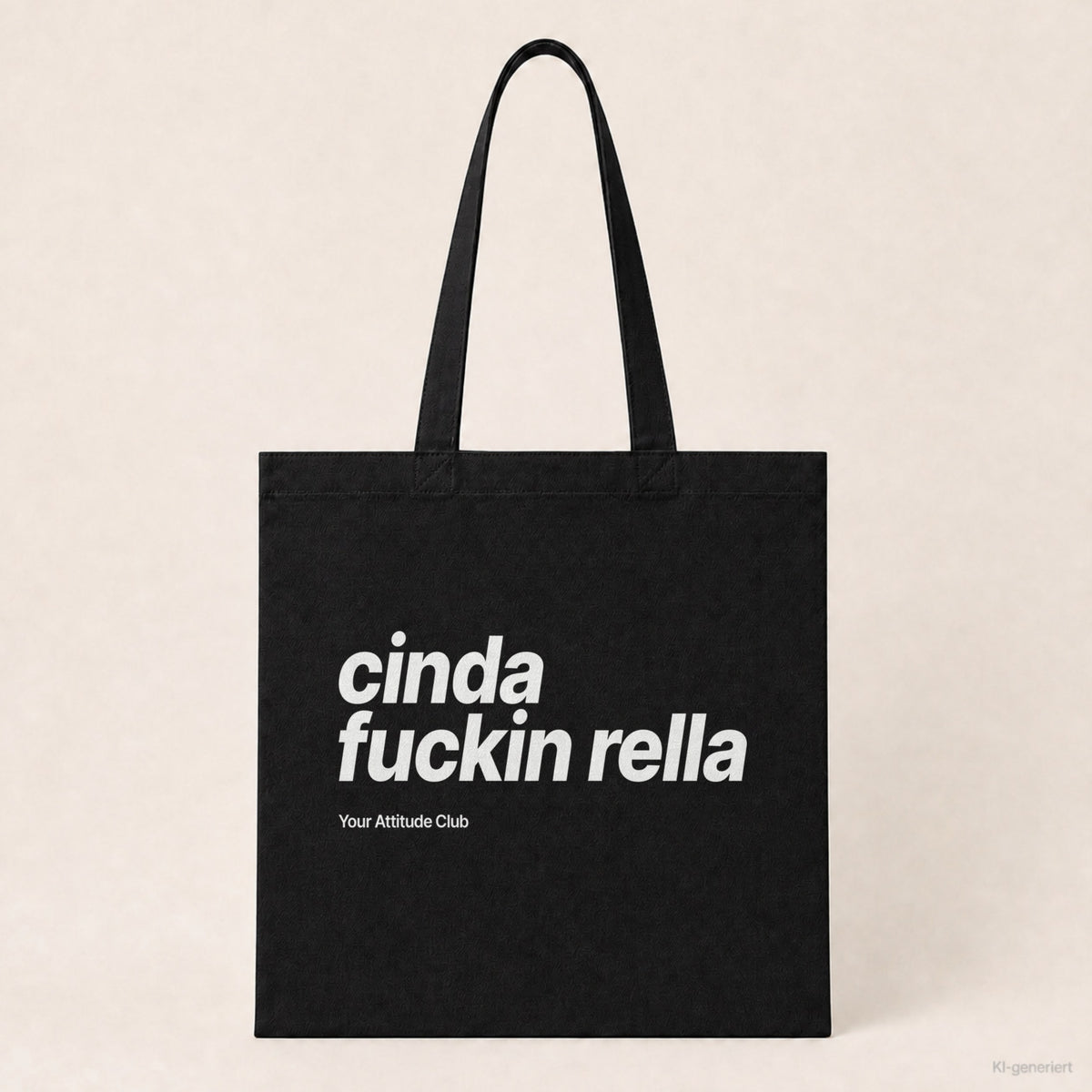 Cinda Fuckin Rella – Stoffbeutel mit Spruch schwarz mit weißem Aufdruck, Produktansicht