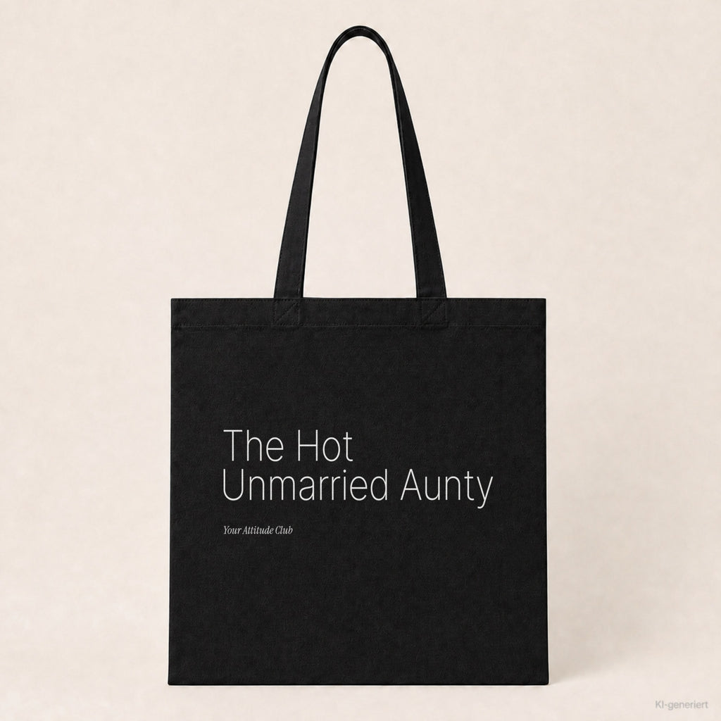 The Hot Unmarried Aunty – Stoffbeutel mit Spruch schwarz mit weißem Aufdruck, Produktansicht