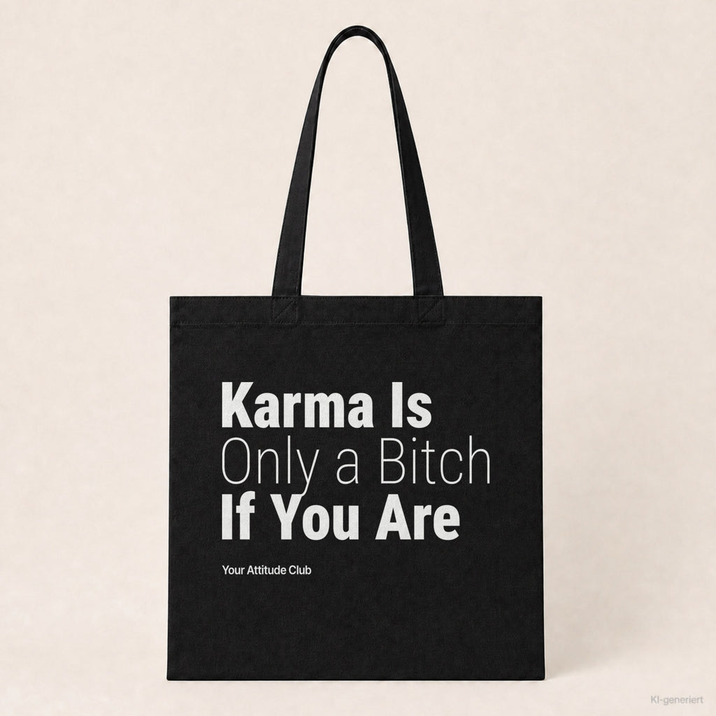 Karma Is Only a Bitch If You Are – Stoffbeutel mit Spruch schwarz mit weißem Aufdruck, Produktansicht