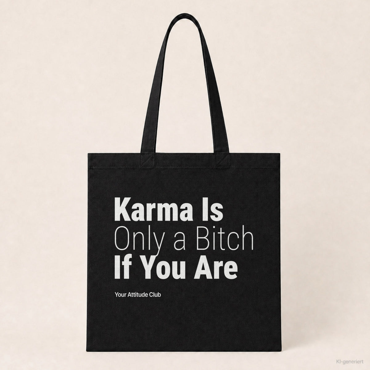 Karma Is Only a Bitch If You Are – Stoffbeutel mit Spruch schwarz mit weißem Aufdruck, Produktansicht