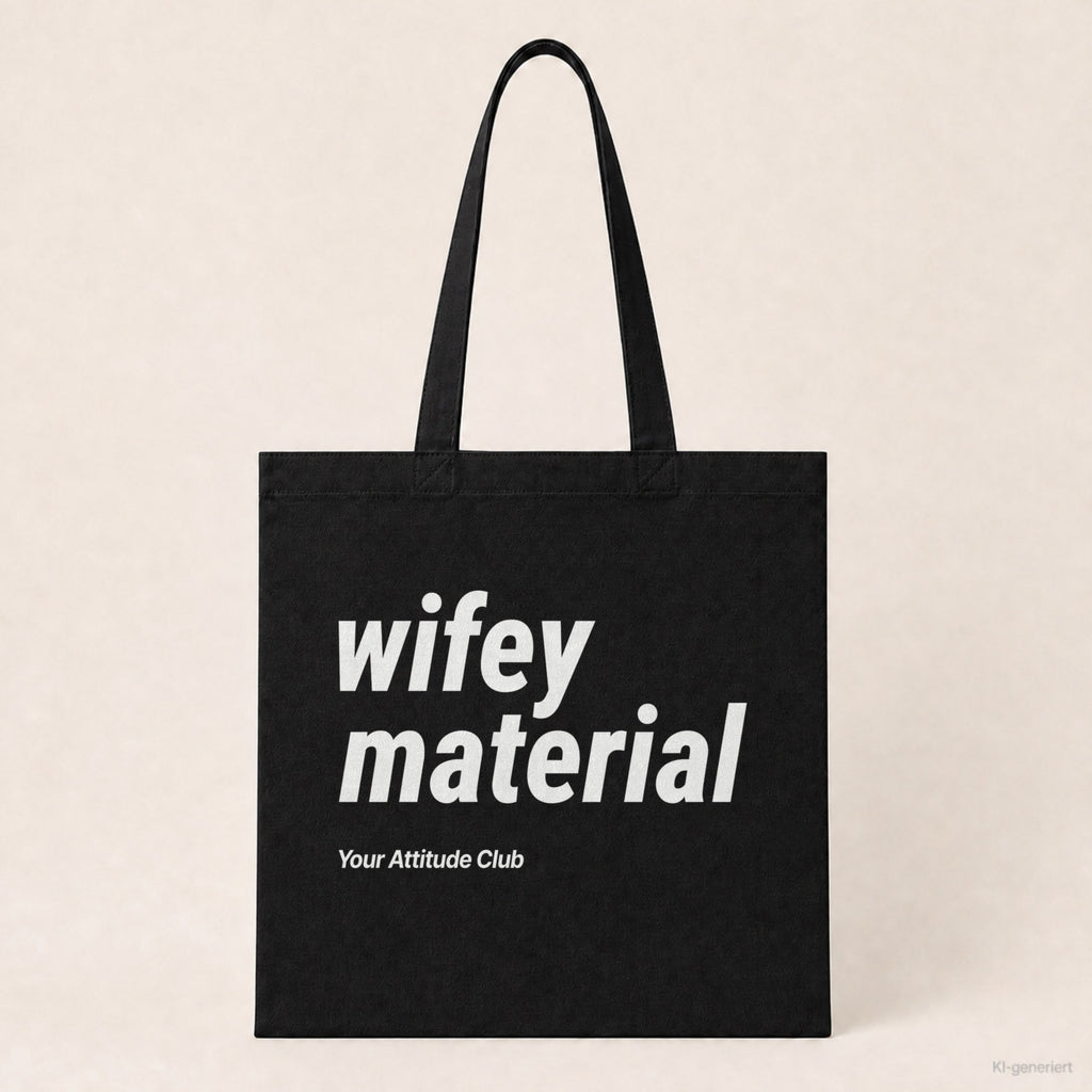 Wifey Material – Stoffbeutel mit Spruch schwarz mit weißem Aufdruck, Produktansicht