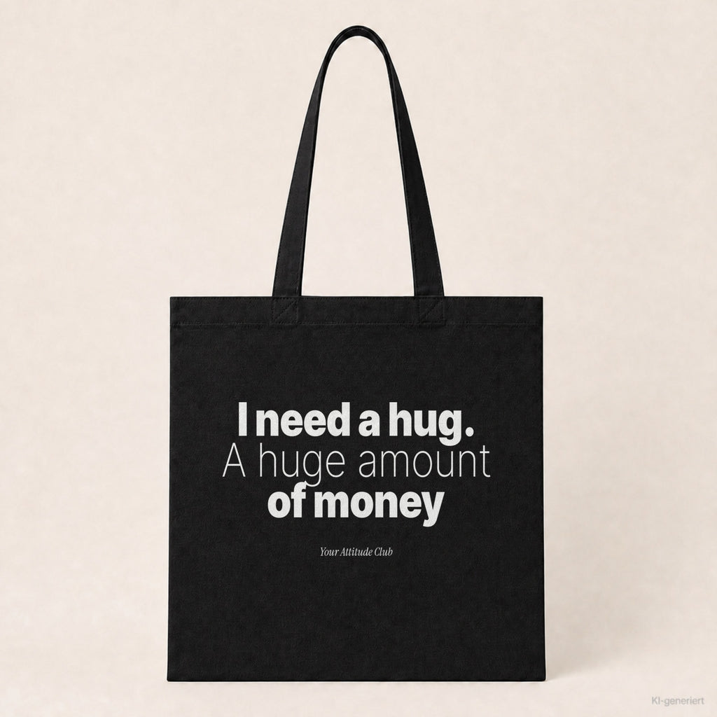 I need a hug. A huge amount of money – Stoffbeutel mit Spruch schwarz mit weißem Aufdruck, Produktansicht