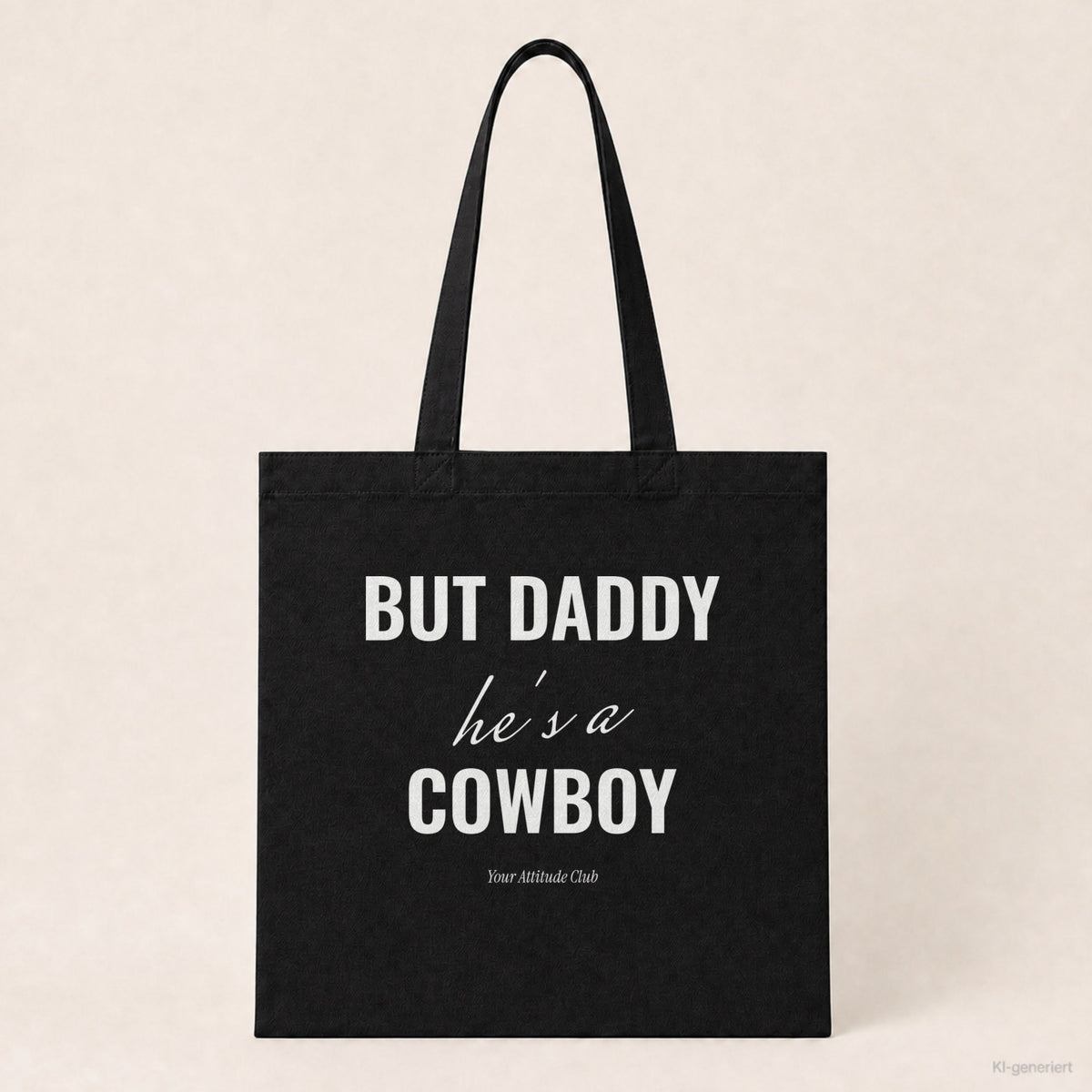 But Daddy he's a cowboy – Stoffbeutel mit Spruch schwarz mit weißem Aufdruck, Produktansicht