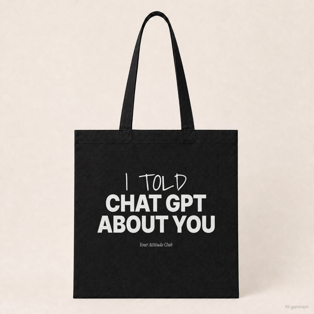 I told Chat GPT about you – Stoffbeutel mit Spruch schwarz mit weißem Aufdruck, Produktansicht