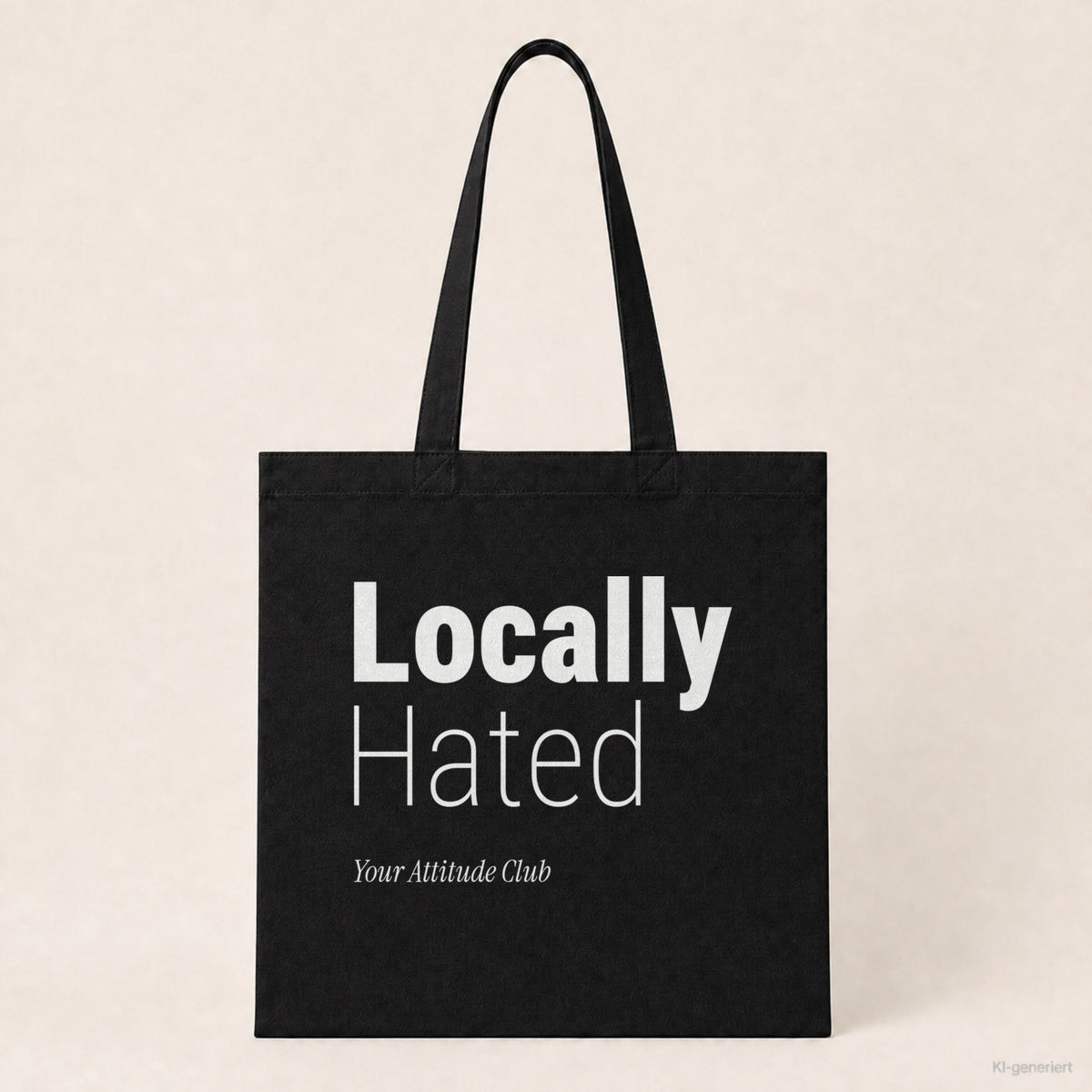 Locally Hated – Stoffbeutel mit Spruch schwarz mit weißem Aufdruck, Produktansicht