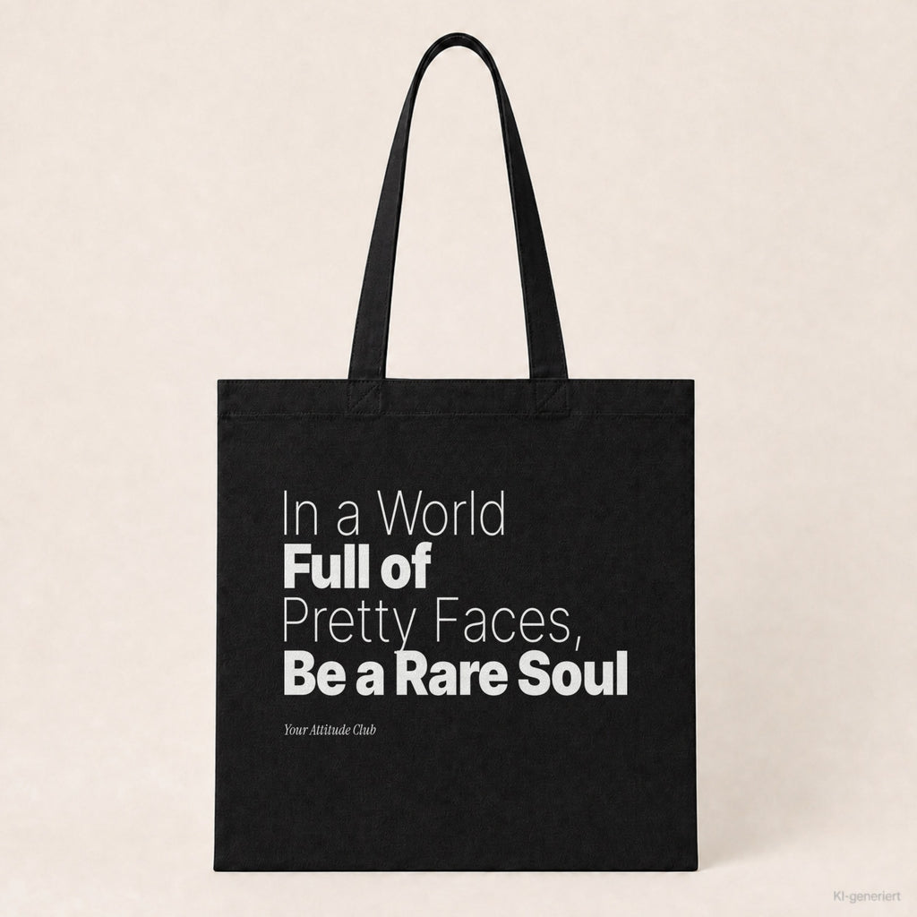 In a World Full of Pretty Faces, Be a Rare Soul – Stoffbeutel mit Spruch schwarz mit weißem Aufdruck, Produktansicht