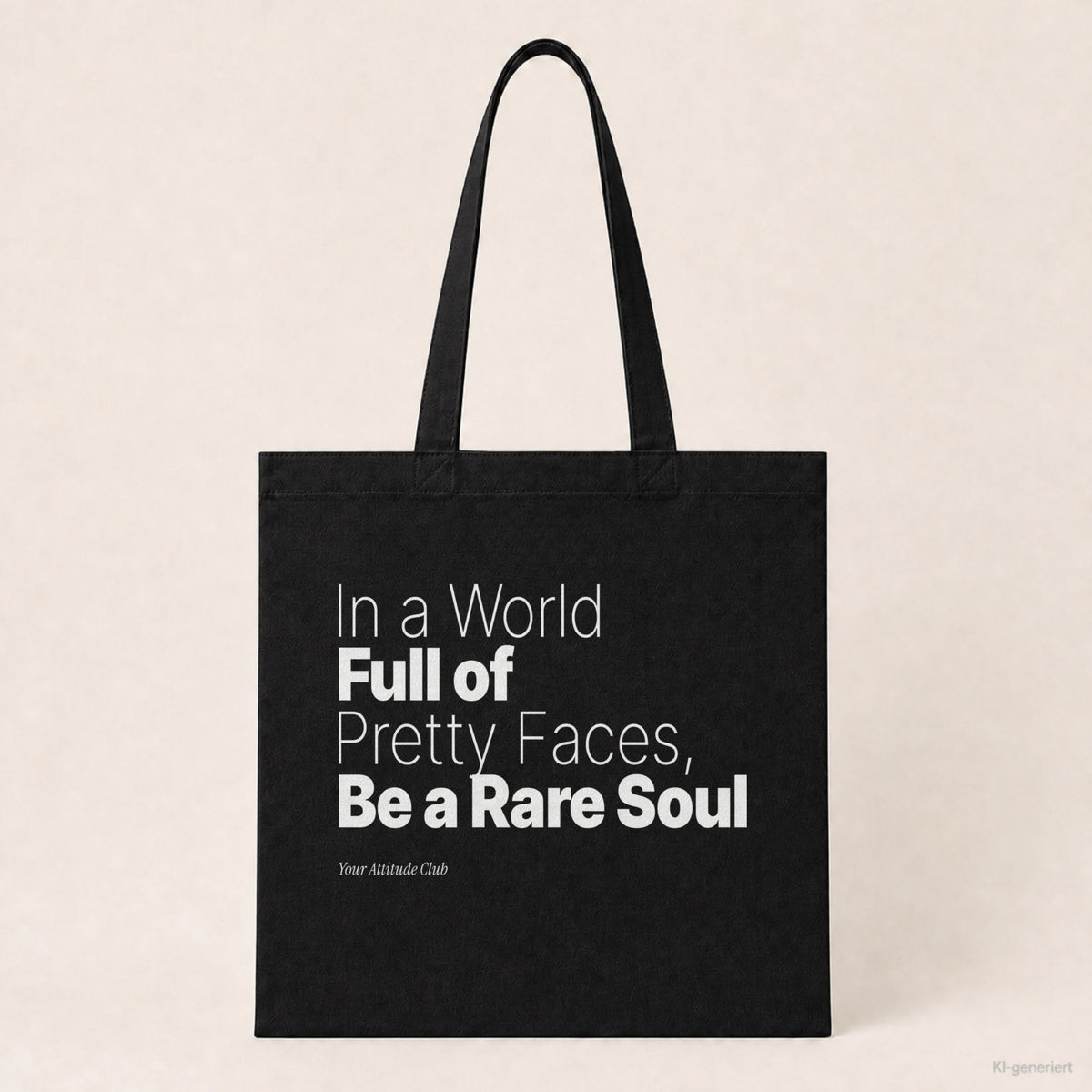 In a World Full of Pretty Faces, Be a Rare Soul – Stoffbeutel mit Spruch schwarz mit weißem Aufdruck, Produktansicht