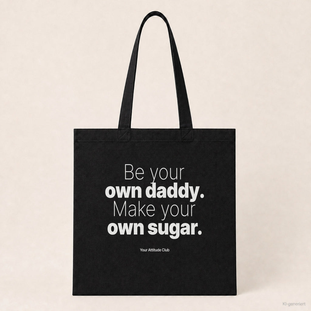 Be your own daddy. Make your own sugar – Stoffbeutel mit Spruch schwarz mit weißem Aufdruck, Produktansicht