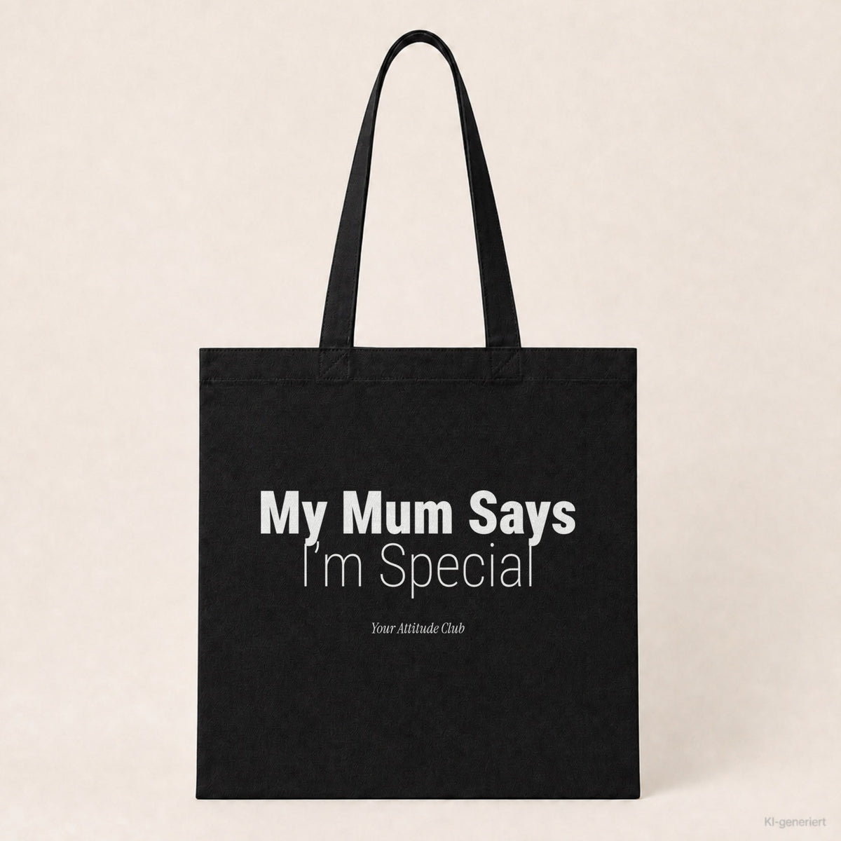 My Mum Says I’m Special – Stoffbeutel mit Spruch schwarz mit weißem Aufdruck, Produktansicht
