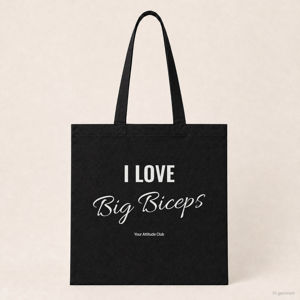 I Love Big Biceps – Stoffbeutel mit Spruch schwarz mit weißem Aufdruck, Produktansicht