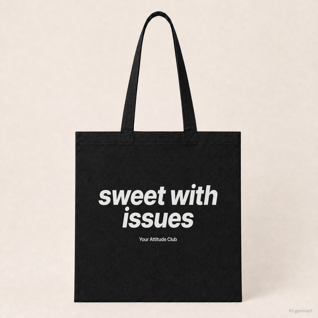 Sweet With Issues – Stoffbeutel mit Spruch schwarz mit weißem Aufdruck, Produktansicht