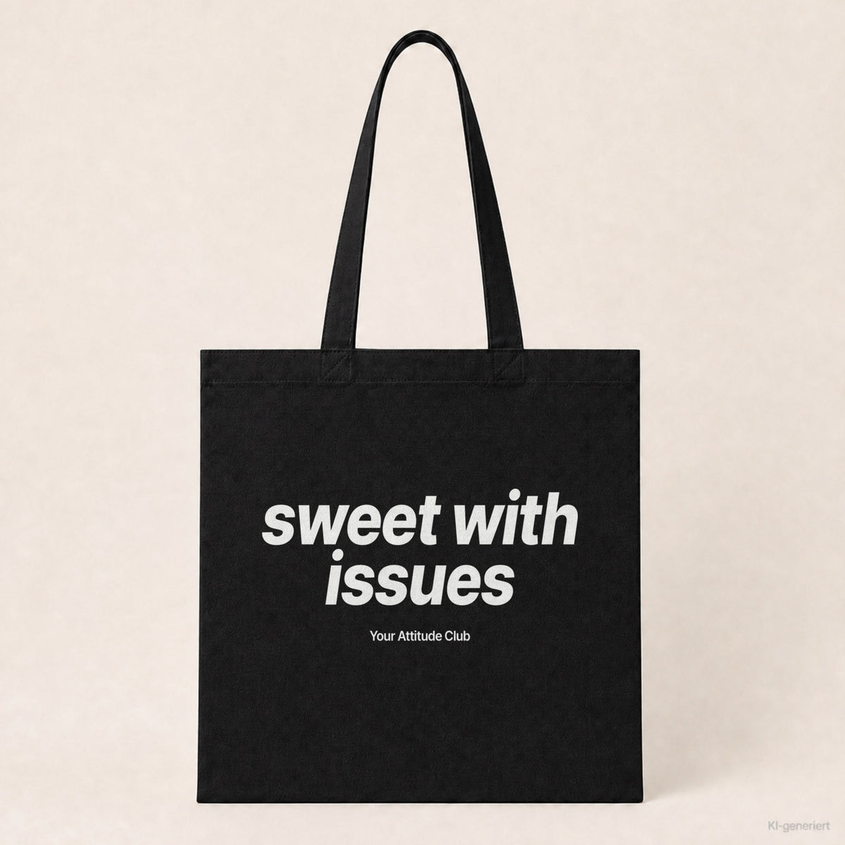 Sweet With Issues – Stoffbeutel mit Spruch schwarz mit weißem Aufdruck, Produktansicht