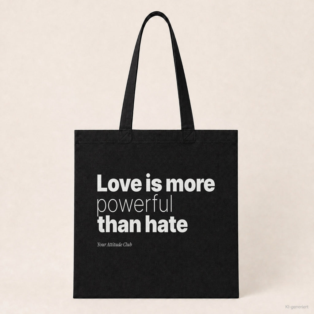 Love is more powerful than hate – Stoffbeutel mit Spruch schwarz mit weißem Aufdruck, Produktansicht