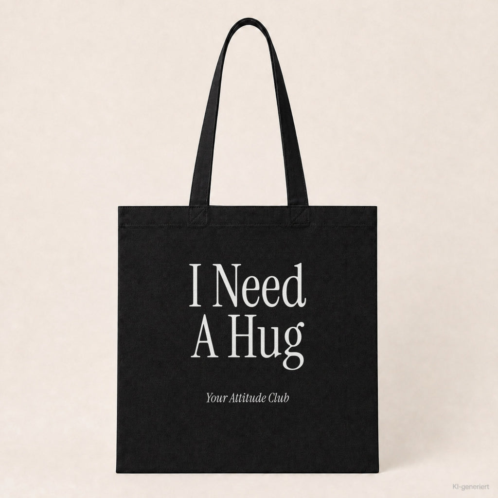 I Need A Hug – Stoffbeutel mit Spruch schwarz mit weißem Aufdruck, Produktansicht