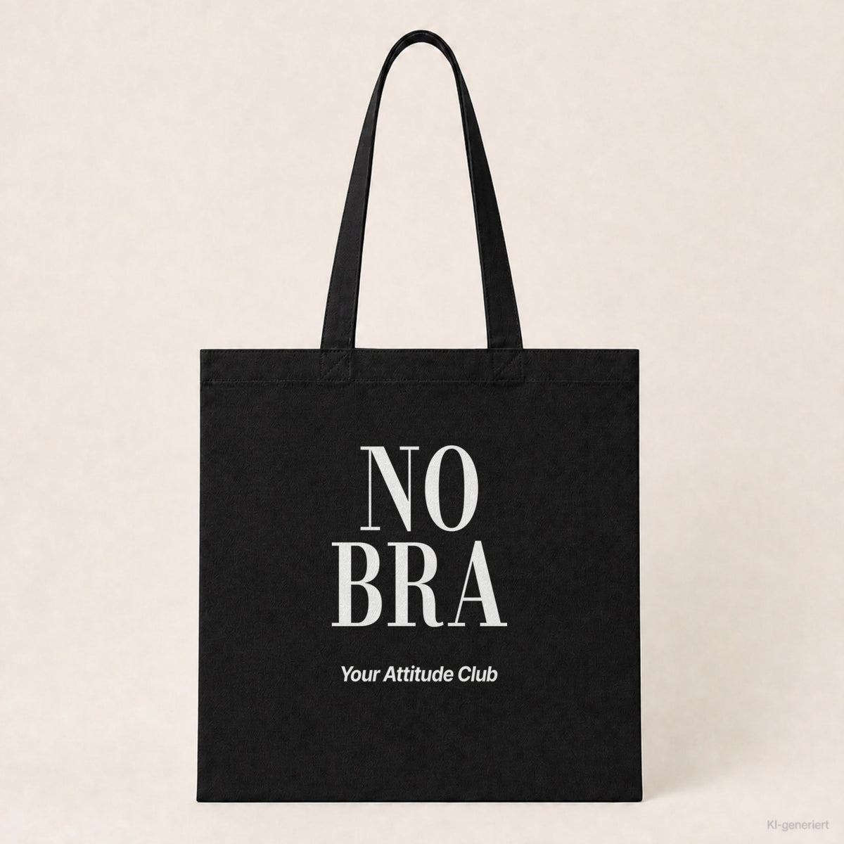 No Bra – Stoffbeutel mit Spruch schwarz mit weißem Aufdruck, Produktansicht