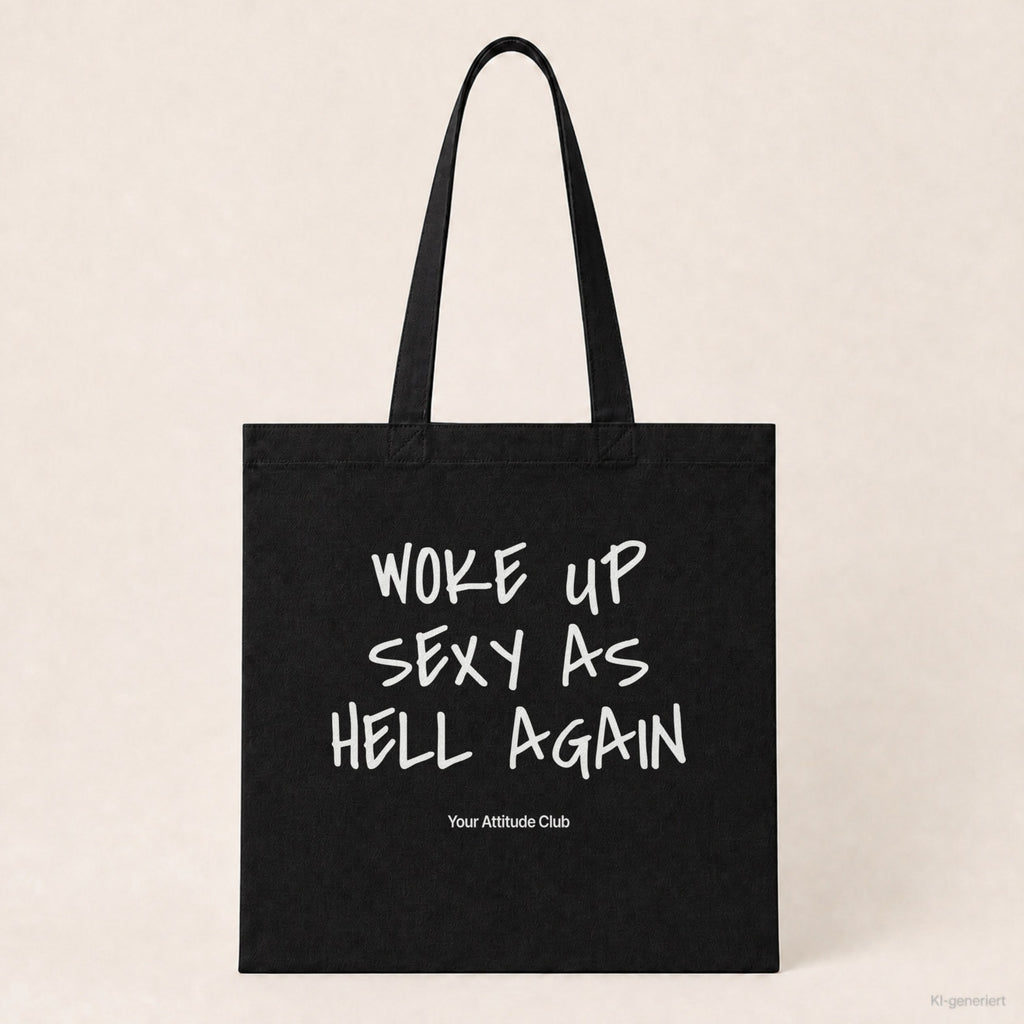 Woke Up Sexy As Hell Again – Stoffbeutel mit Spruch schwarz mit weißem Aufdruck, Produktansicht