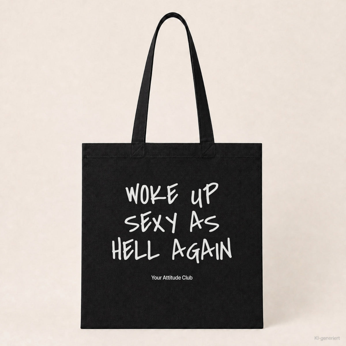 Woke Up Sexy As Hell Again – Stoffbeutel mit Spruch schwarz mit weißem Aufdruck, Produktansicht