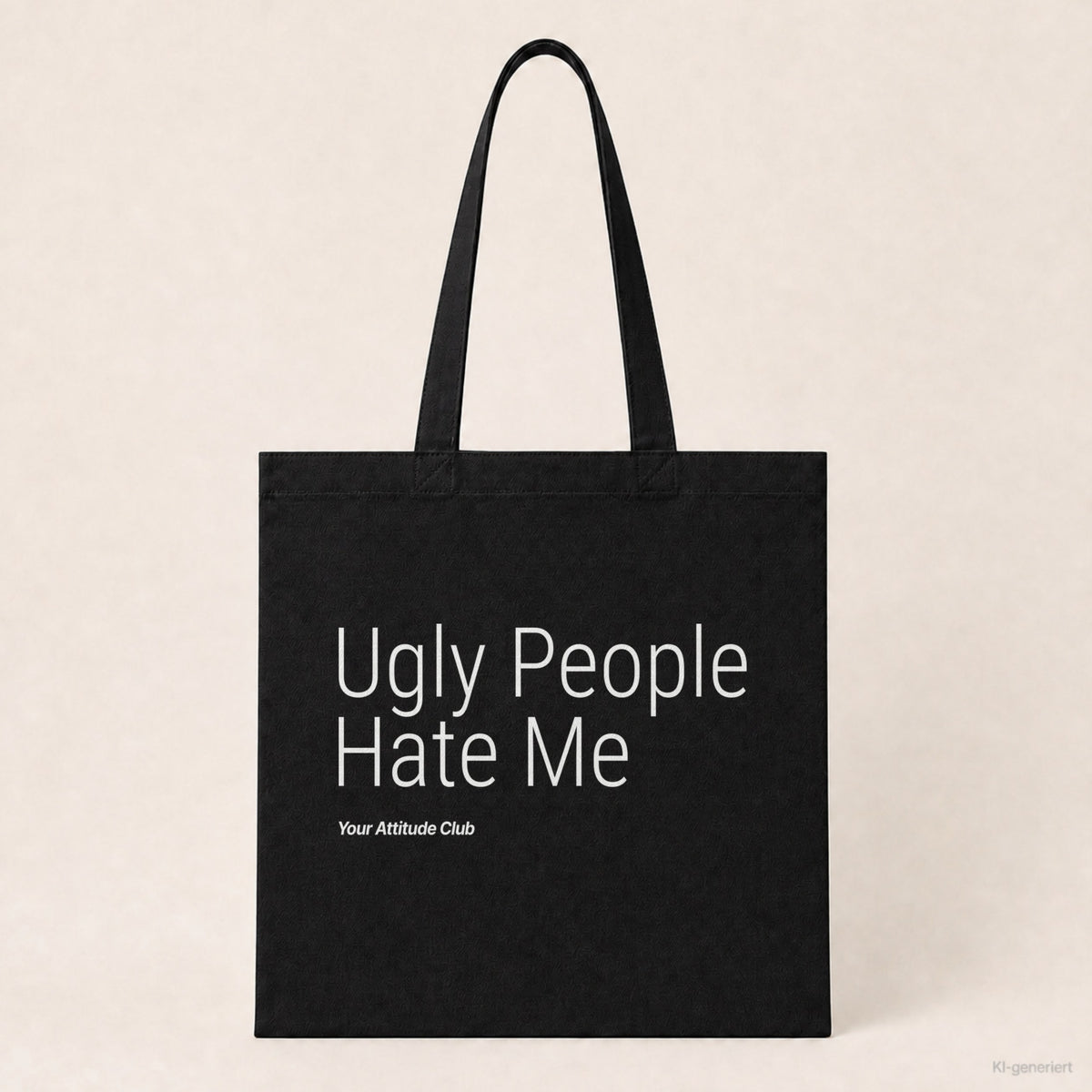 Ugly People Hate Me – Stoffbeutel mit Spruch schwarz mit weißem Aufdruck, Produktansicht