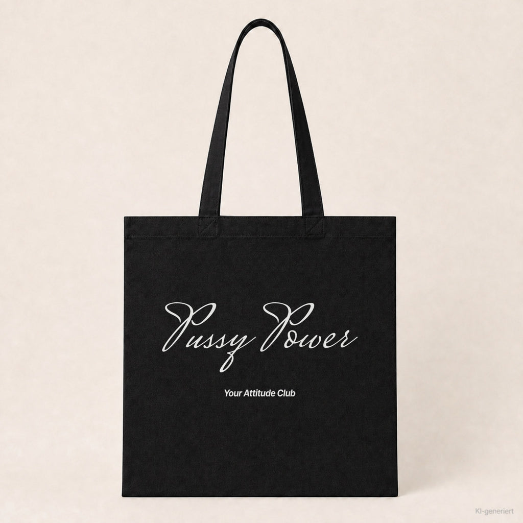 Pussy Power – Stoffbeutel mit Spruch schwarz mit weißem Aufdruck, Produktansicht