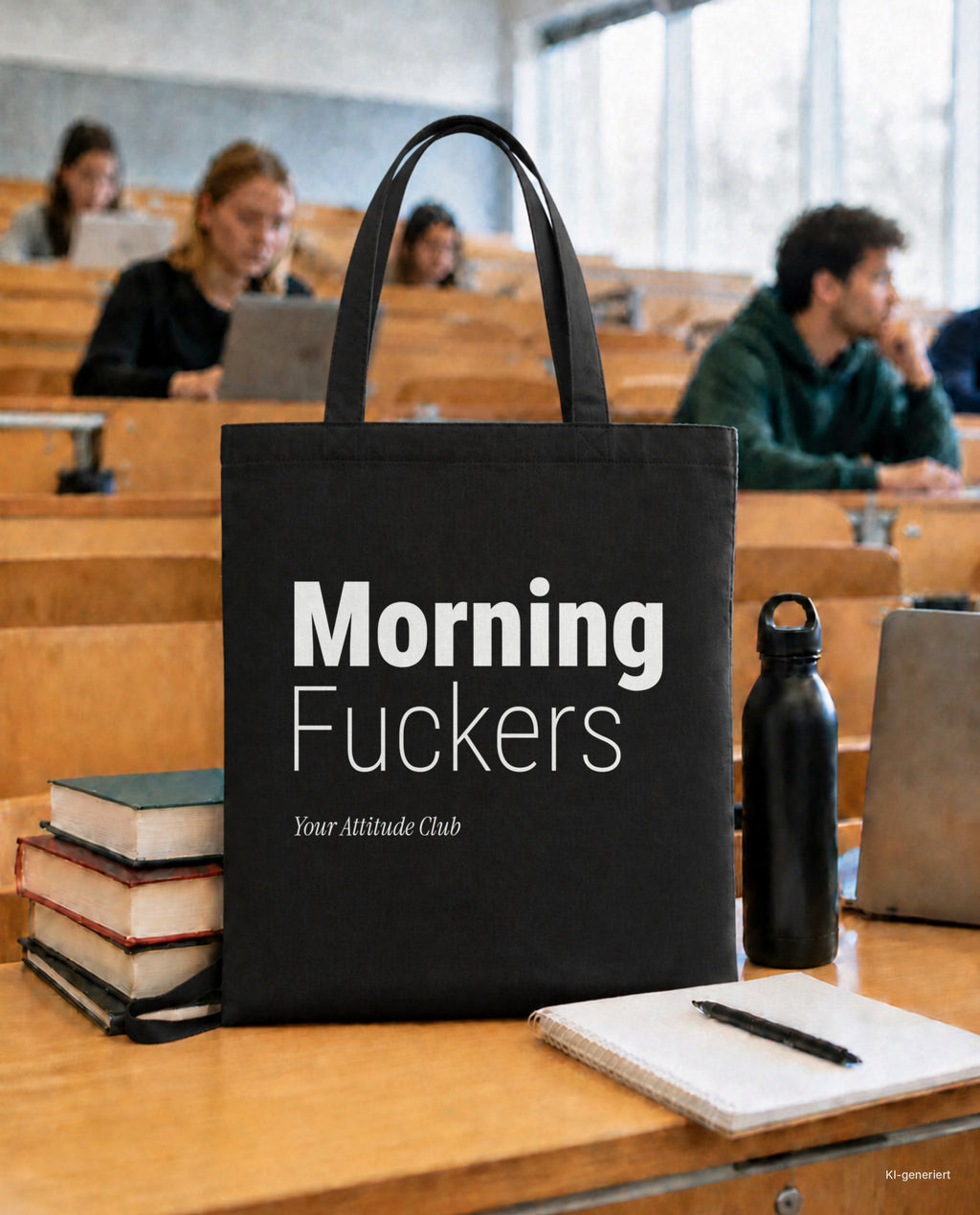Morning Fuckers – Stoffbeutel mit Spruch schwarz mit weißem Aufdruck, in der Uni