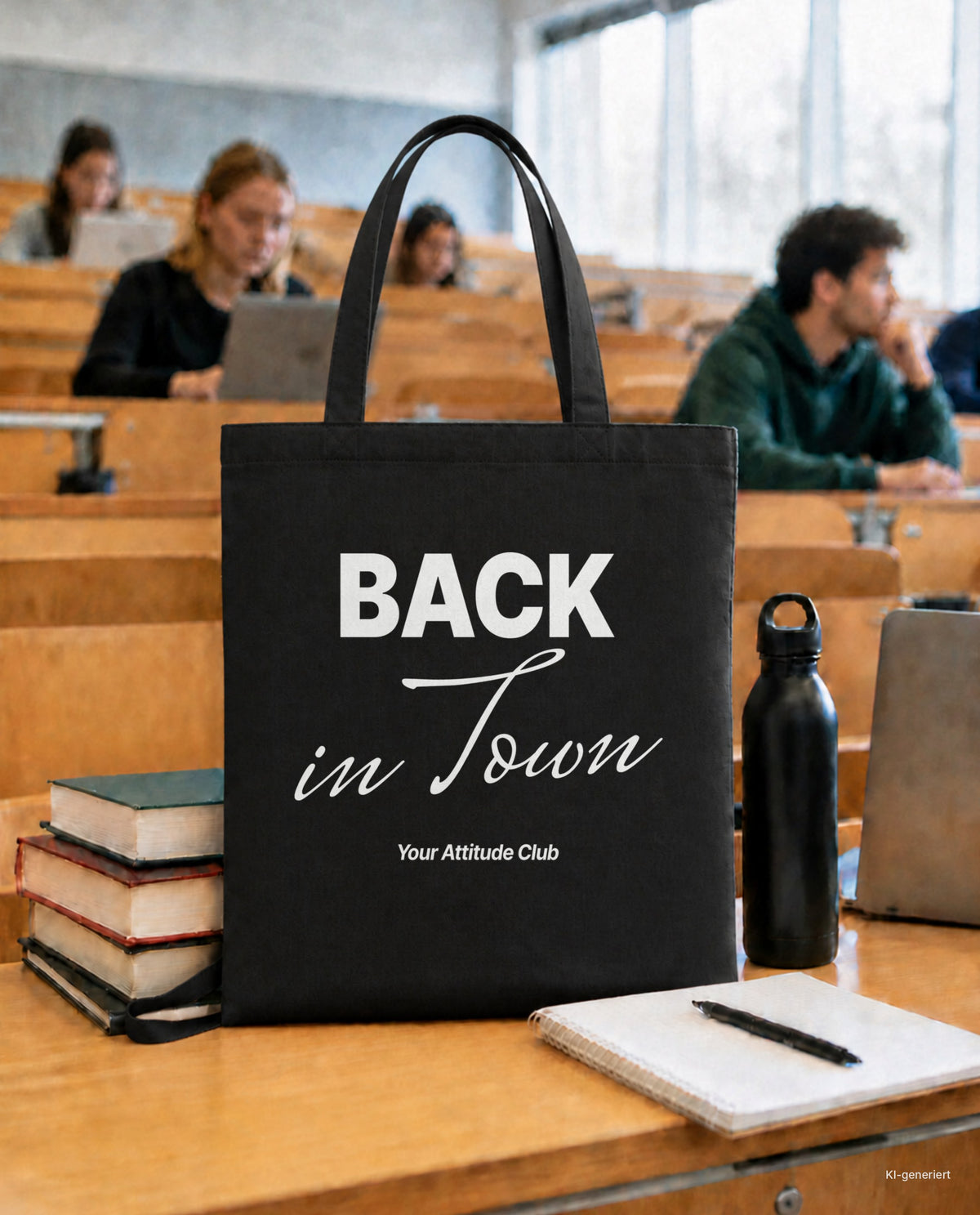 Back in Town – Stoffbeutel mit Spruch schwarz mit weißem Aufdruck, in der Uni