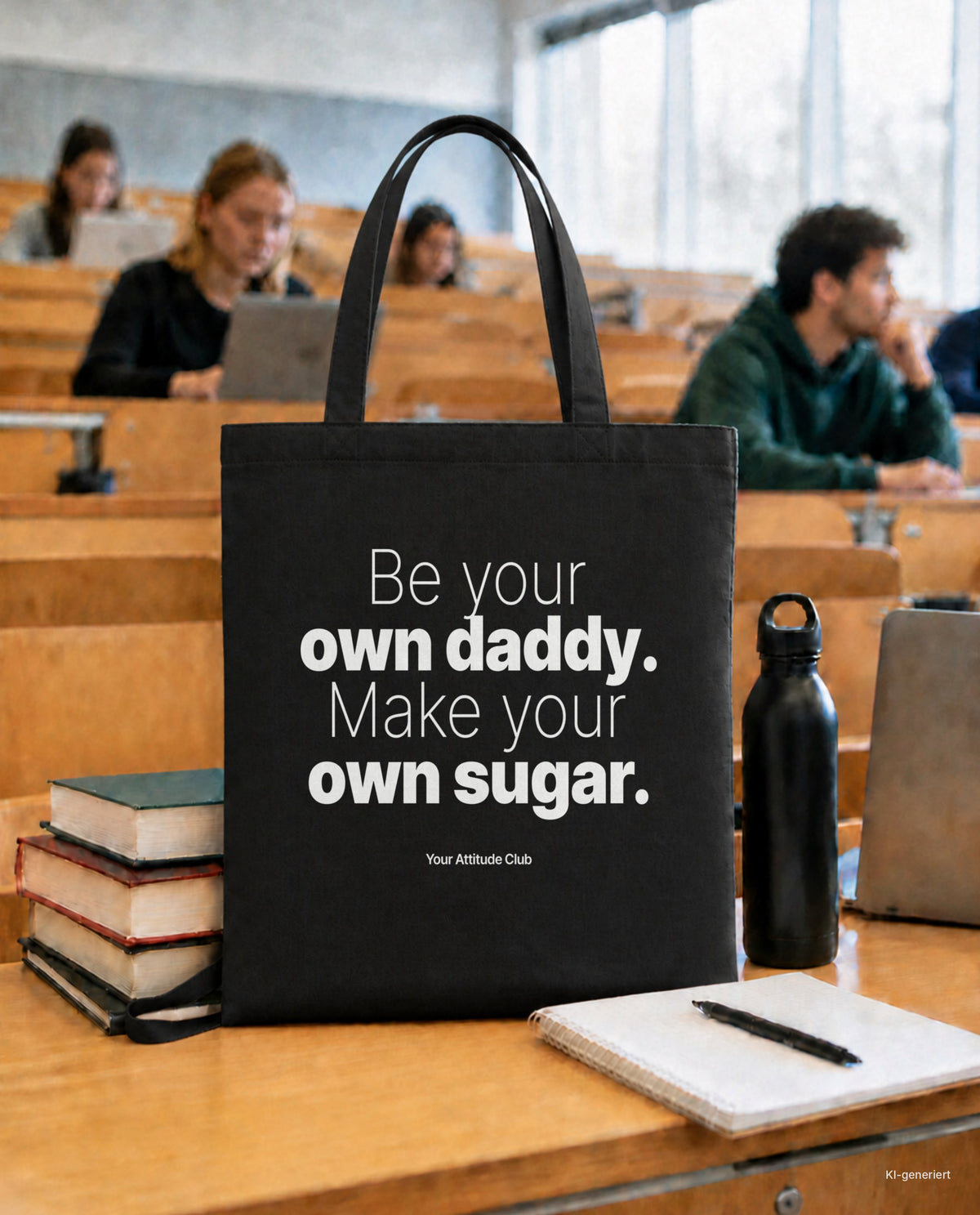 Be your own daddy. Make your own sugar – Stoffbeutel mit Spruch schwarz mit weißem Aufdruck, in der Uni