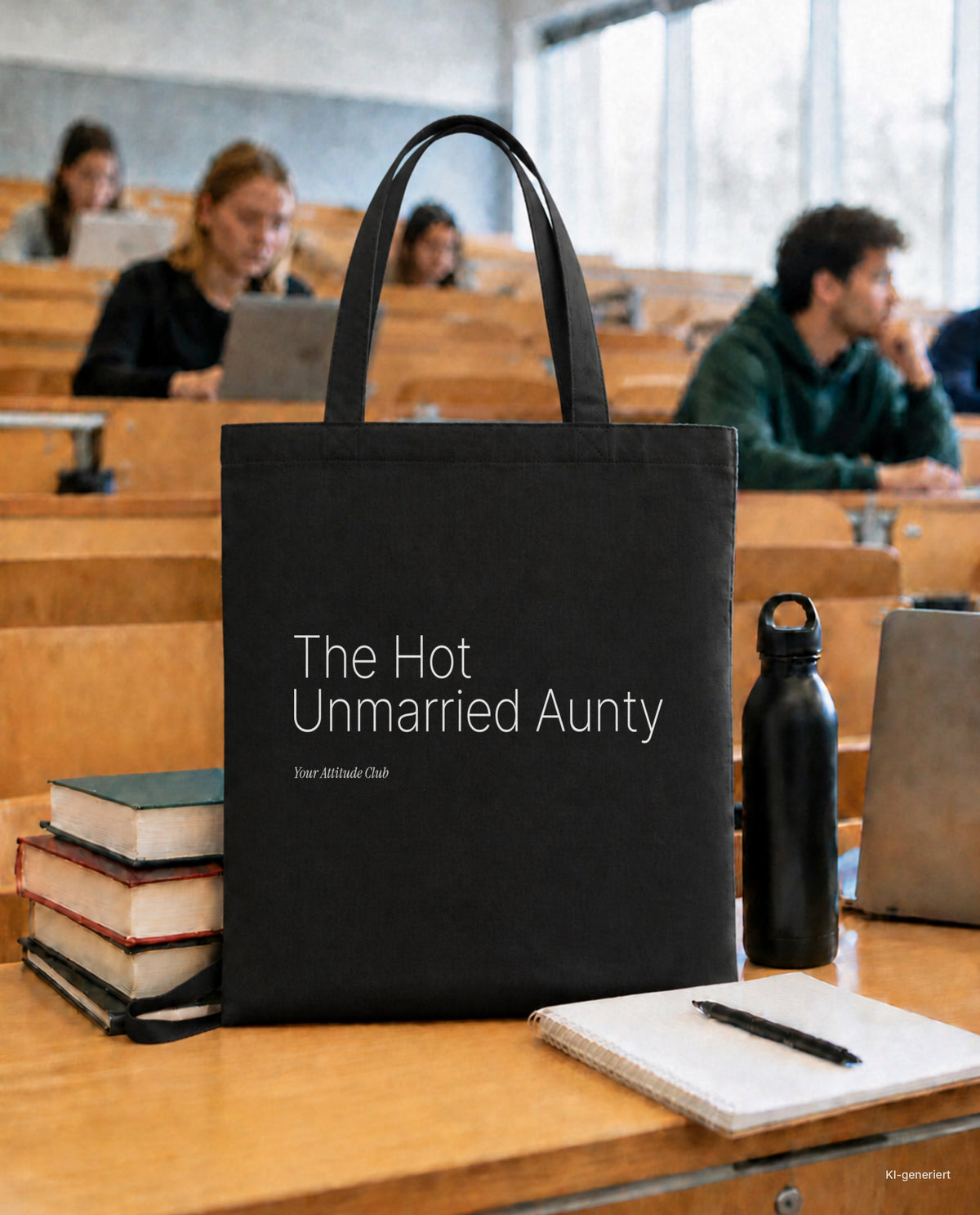 The Hot Unmarried Aunty – Stoffbeutel mit Spruch schwarz mit weißem Aufdruck, in der Uni