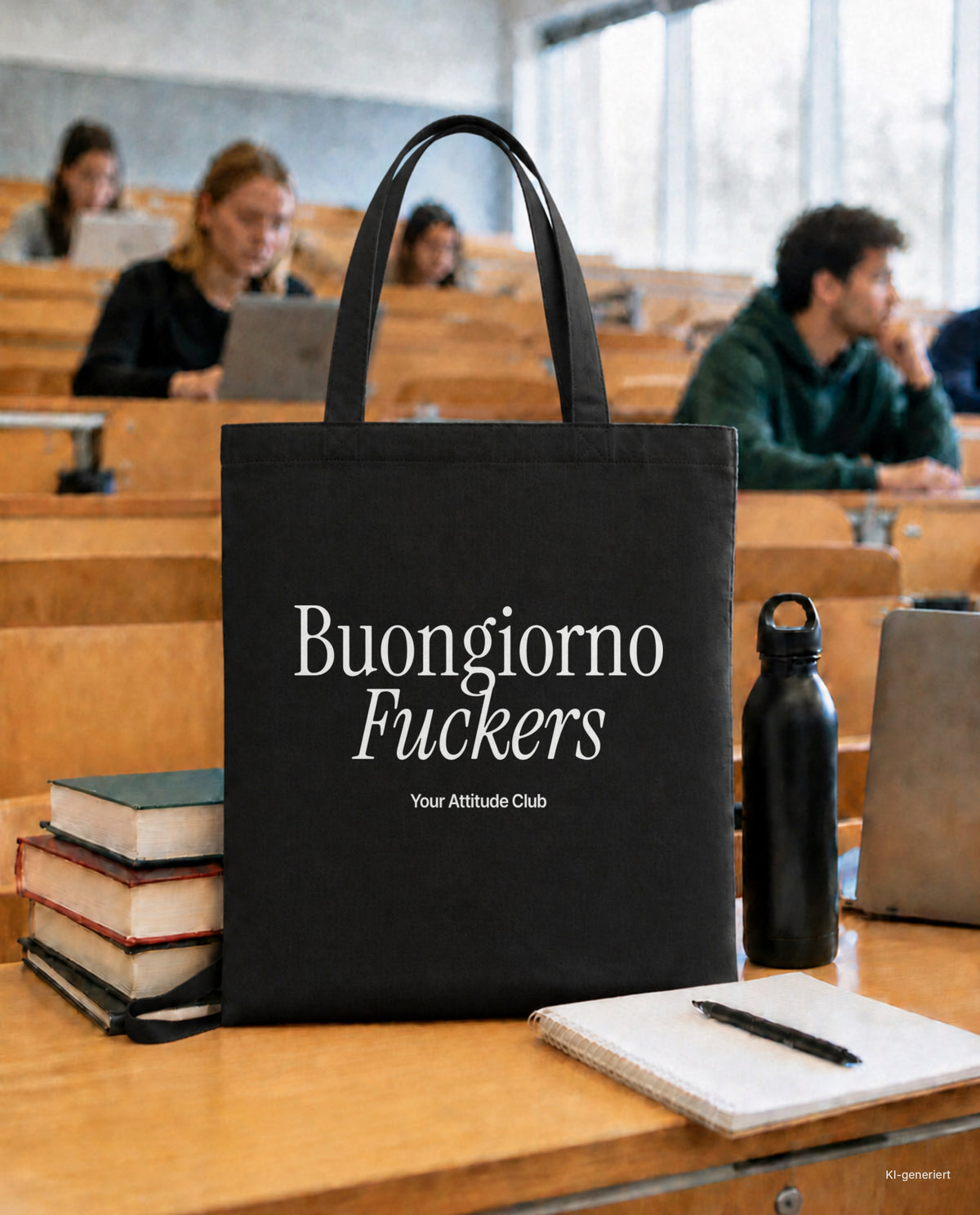 Buongiorno Fuckers – Stoffbeutel mit Spruch schwarz mit weißem Aufdruck, in der Uni