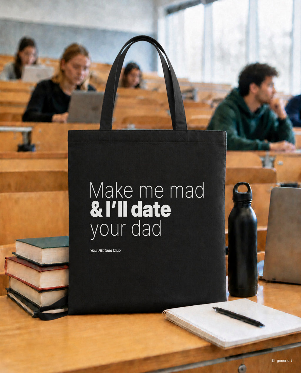 Make me mad & I’ll date your dad – Stoffbeutel mit Spruch schwarz mit weißem Aufdruck, in der Uni