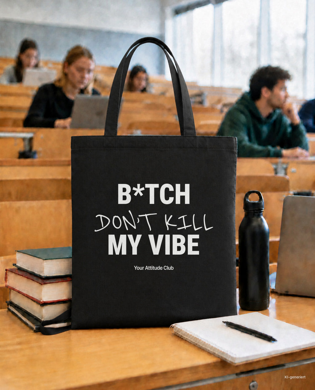 B*tch Don’t Kill My Vibe – Stoffbeutel mit Spruch schwarz mit weißem Aufdruck, in der Uni