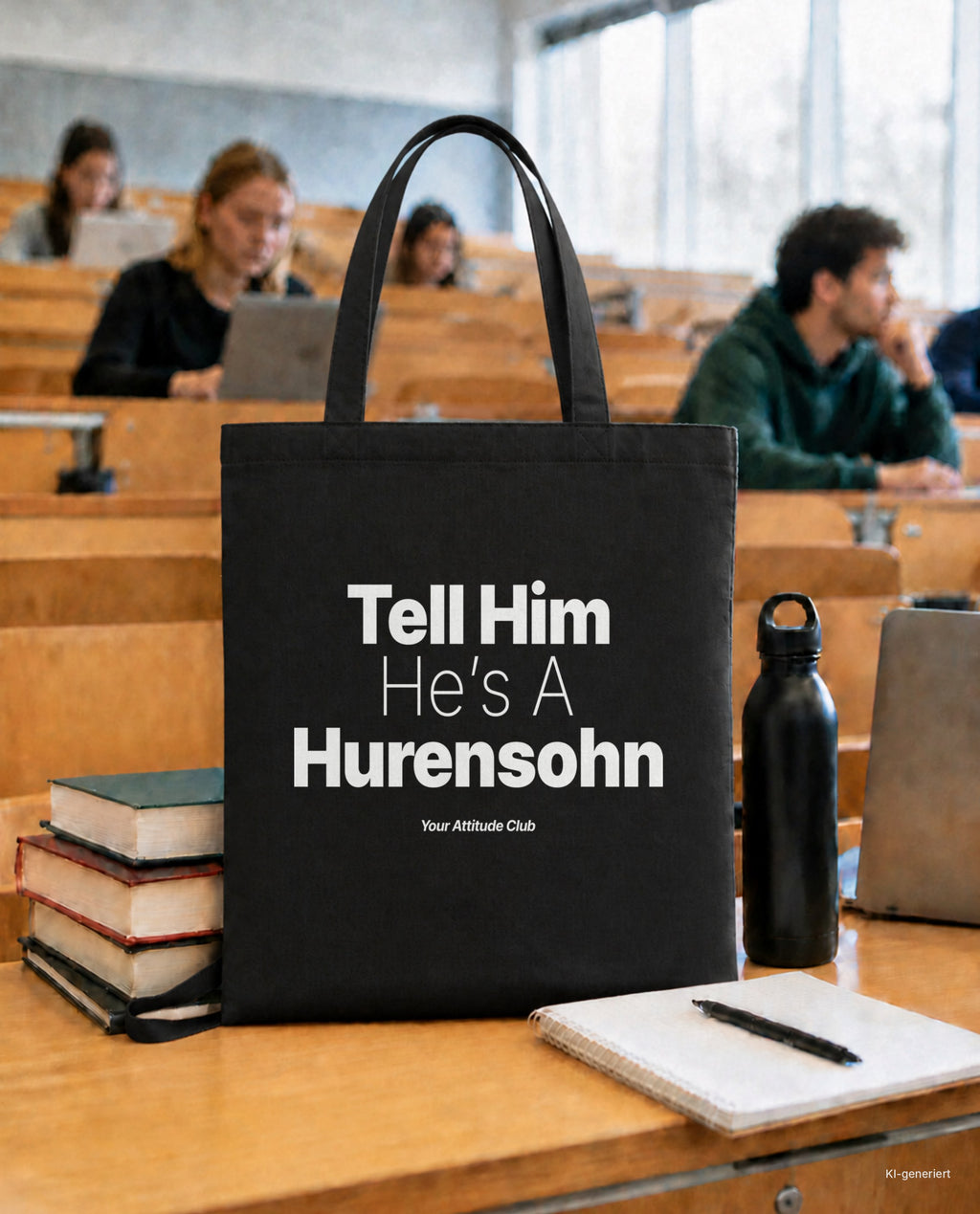 Tell Him He’s A Hurensohn – Stoffbeutel mit Spruch schwarz mit weißem Aufdruck, in der Uni
