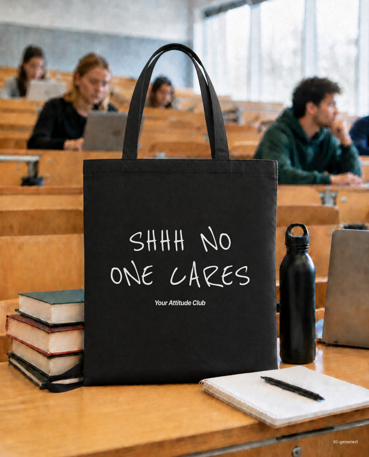 Shhh No One Cares – Stoffbeutel mit Spruch schwarz mit weißem Aufdruck, in der Uni