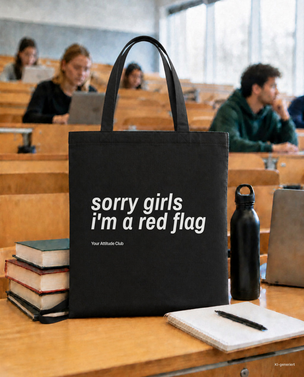 Sorry Girls I'm A Red Flag – Stoffbeutel mit Spruch schwarz mit weißem Aufdruck, in der Uni