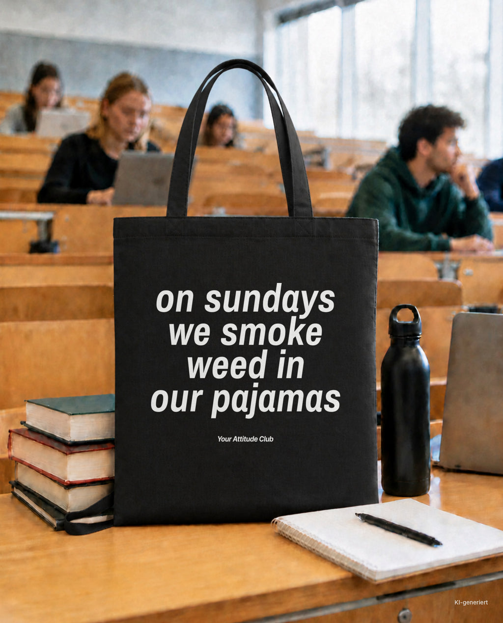 On Sundays we smoke weed in our pajamas – Stoffbeutel mit Spruch schwarz mit weißem Aufdruck, in der Uni