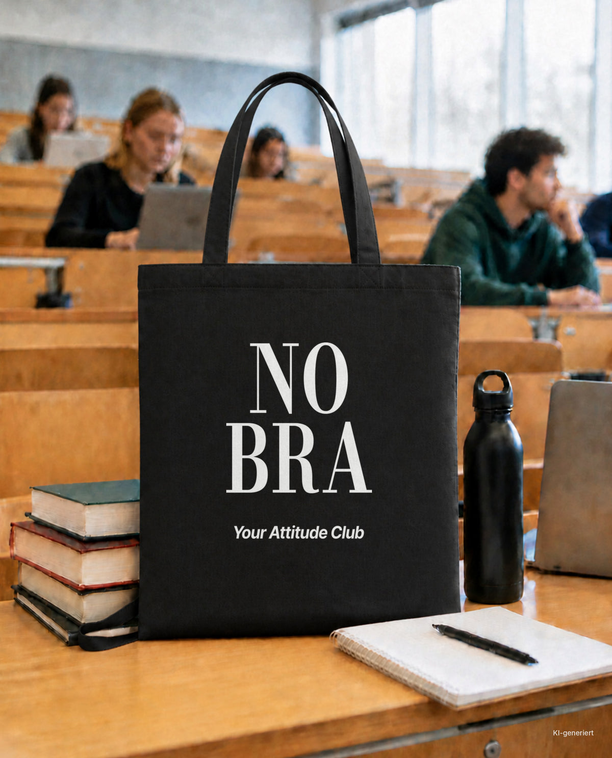 No Bra – Stoffbeutel mit Spruch schwarz mit weißem Aufdruck, in der Uni