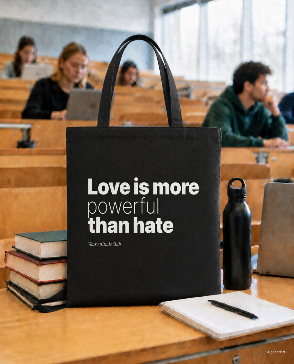 Love is more powerful than hate – Stoffbeutel mit Spruch schwarz mit weißem Aufdruck, in der Uni