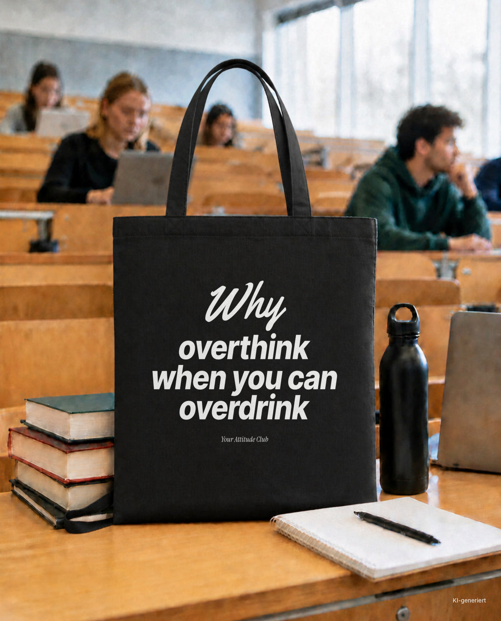 Why Overthink When You Can Overdrink – Stoffbeutel mit Spruch schwarz mit weißem Aufdruck, in der Uni