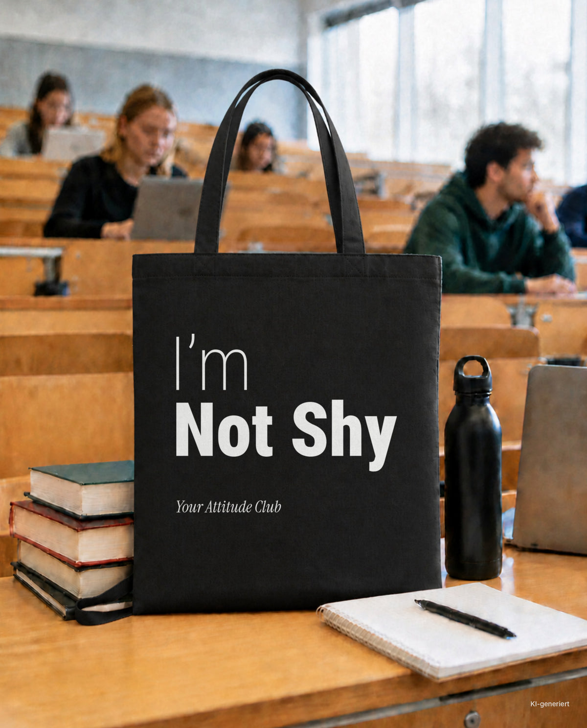 I’m Not Shy – Stoffbeutel mit Spruch schwarz mit weißem Aufdruck, in der Uni