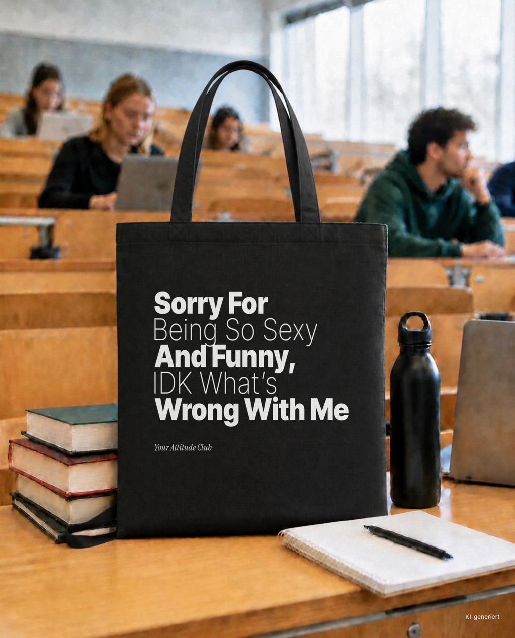 Sorry For Being So Sexy And Funny, IDK What’s Wrong With Me – Stoffbeutel mit Spruch schwarz mit weißem Aufdruck, in der Uni
