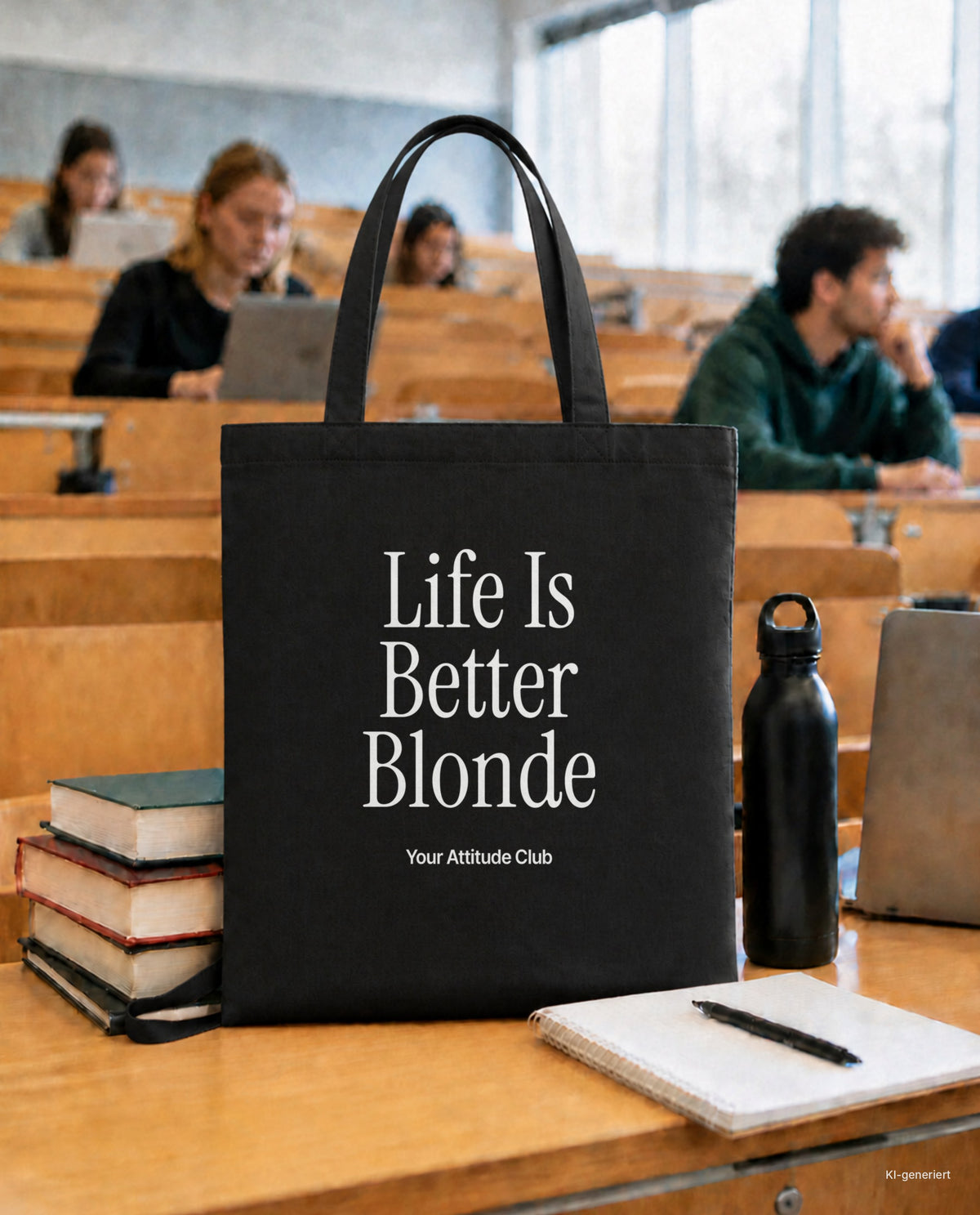 Life Is Better Blonde – Stoffbeutel mit Spruch schwarz mit weißem Aufdruck, in der Uni