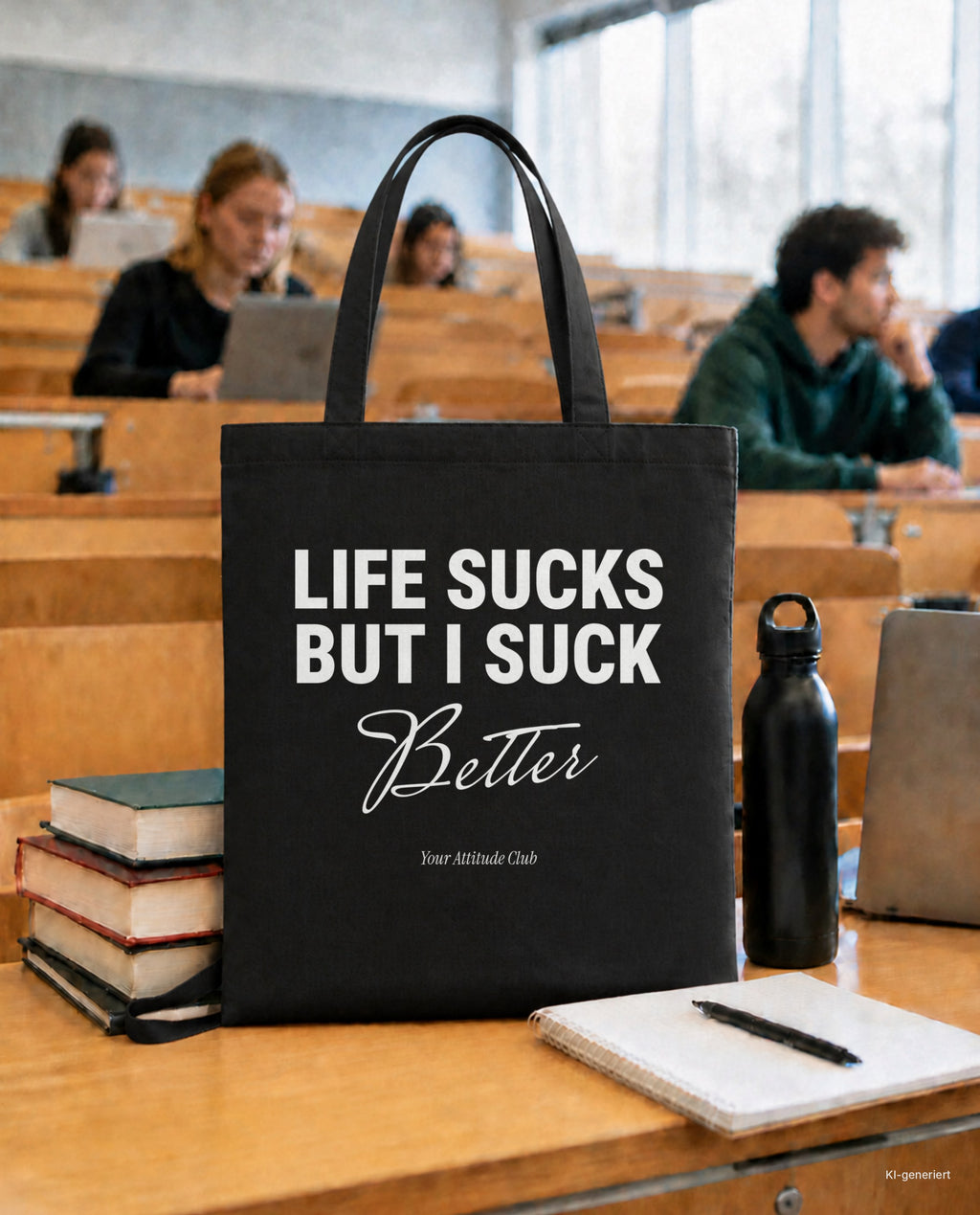 Life Sucks But I Suck Better – Stoffbeutel mit Spruch schwarz mit weißem Aufdruck, in der Uni