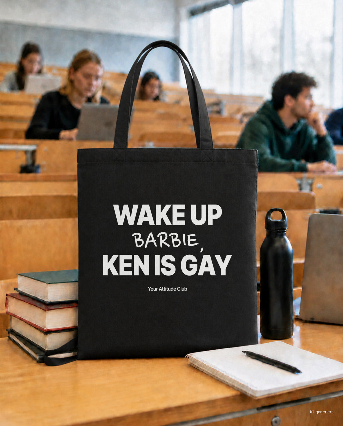 Wake Up Barbie, Ken Is Gay – Stoffbeutel mit Spruch schwarz mit weißem Aufdruck, in der Uni