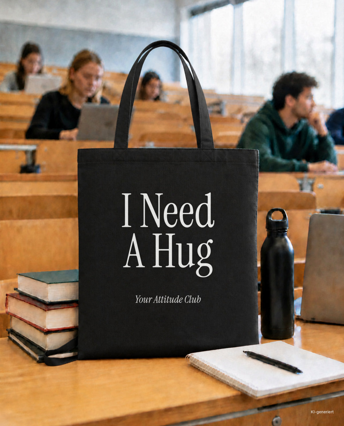 I Need A Hug – Stoffbeutel mit Spruch schwarz mit weißem Aufdruck, in der Uni