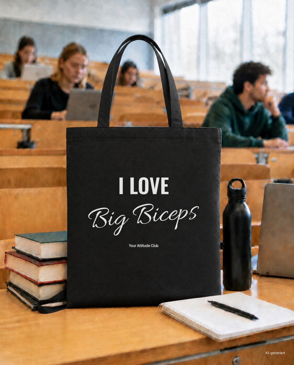 I Love Big Biceps – Stoffbeutel mit Spruch schwarz mit weißem Aufdruck, in der Uni