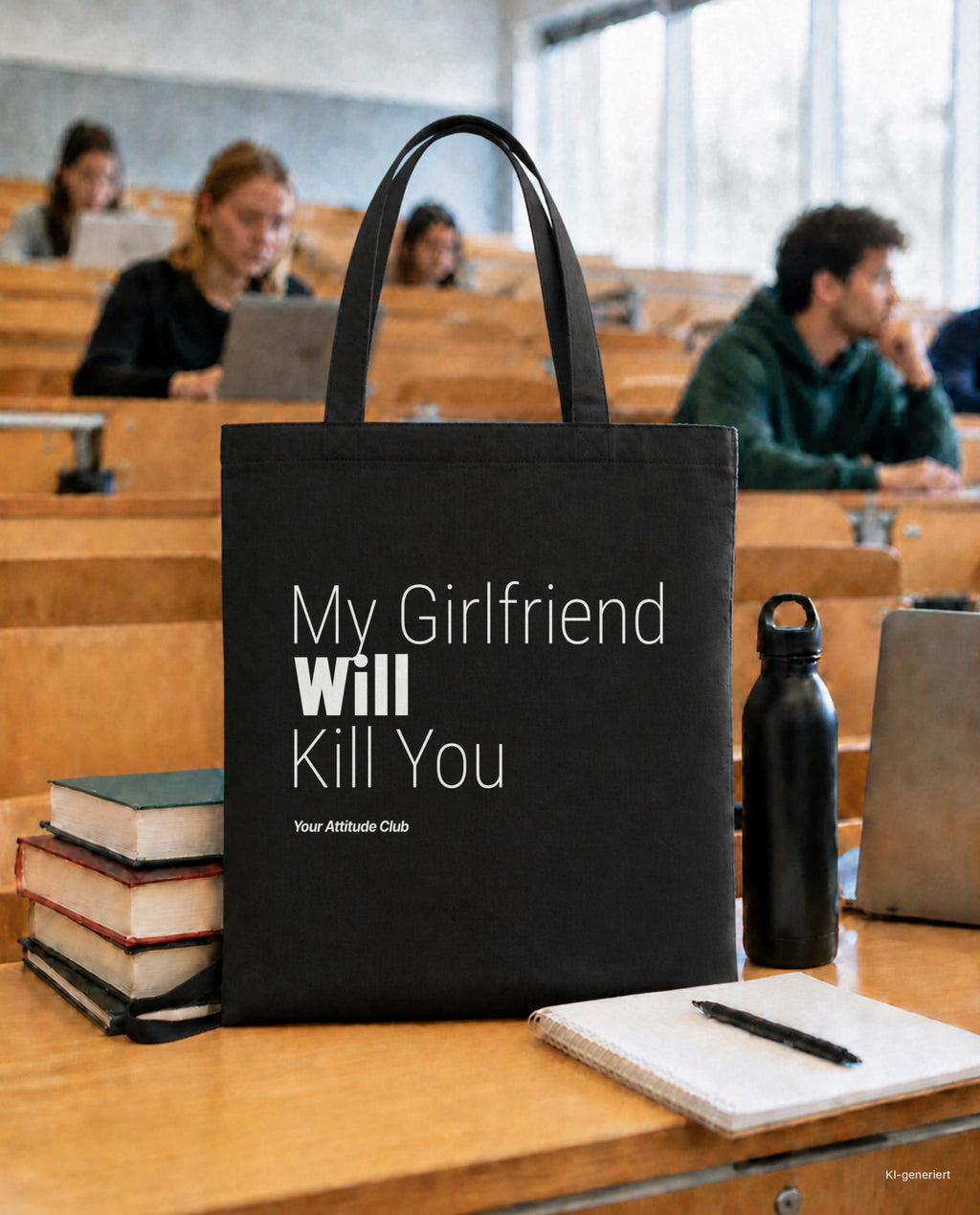 My Girlfriend Will Kill You – Stoffbeutel mit Spruch schwarz mit weißem Aufdruck, in der Uni