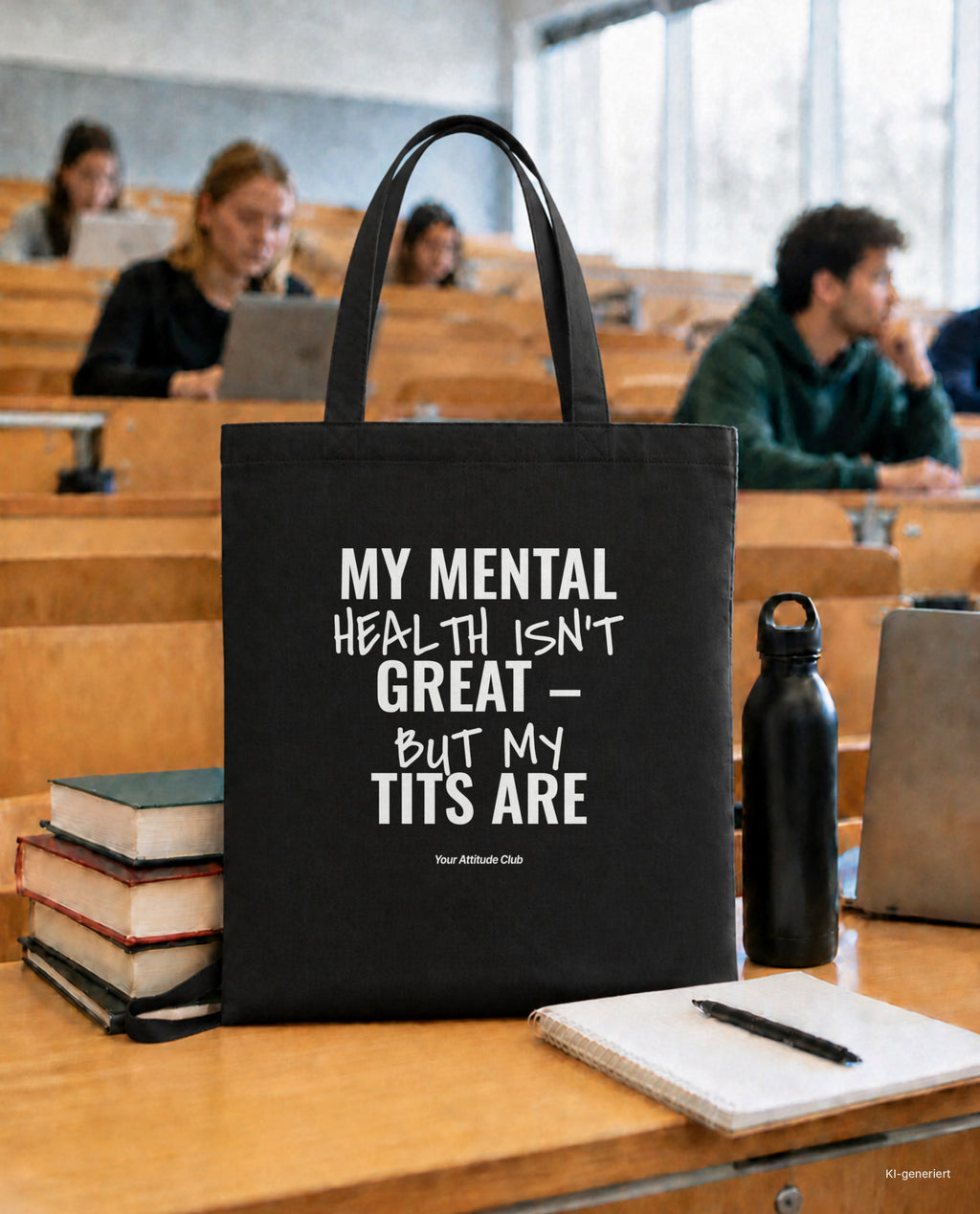 My Mental Health Isn’t Great – But My Tits Are – Stoffbeutel mit Spruch schwarz mit weißem Aufdruck, in der Uni