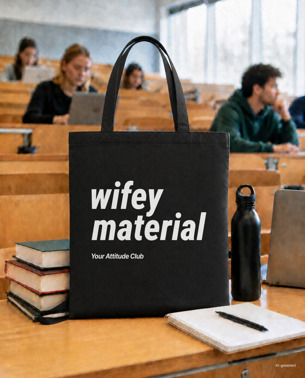 Wifey Material – Stoffbeutel mit Spruch schwarz mit weißem Aufdruck, in der Uni